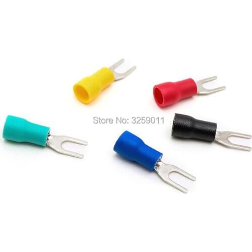 100PCS Electrical Furcate Pre-insulated End Fork Crimp Cable Wire Connector Insulated Spade Terminal Block SV1.25-3 green red