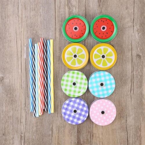 17-Piece Lovely Cute Colorful 8 Mason Jar Lids 8 Striped Plastic Straws 1 Brush Set for Party Summer