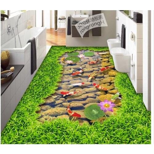 3d floor painting wallpaper Grass creek carp lotus 3D flooring wallpaper for bathroom waterproof 3d flooring