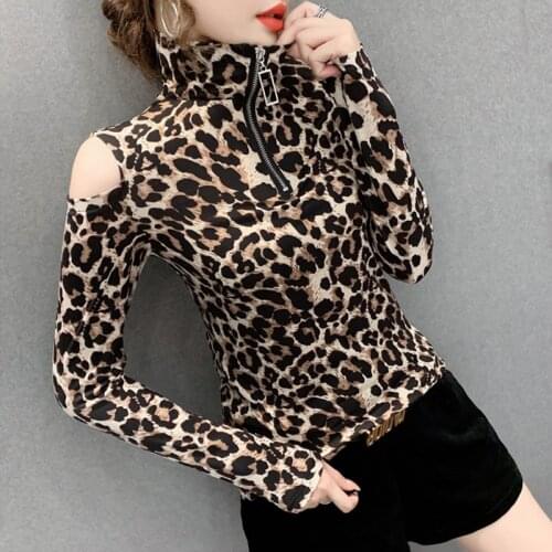 #5804 Sexy Off Shoulder Turtleneck T Shirt Women Zipper Tee Shirt Femme Vogue Slim Strethc Cotton Long Sleeve Tshirt Women Tide