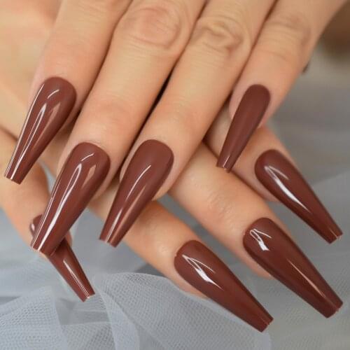 Ballerina Extra Long Coffin Press On Nails False Artificial Makeup Art Gloss Full Cover Fake Nails Brown Tipsy Nail Extension