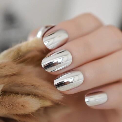 Shiny Punk Style Metallic Silver False Fake Nails Metal Plating Acrylic Short Round Reflective Mirror Press on Nail Art Tips