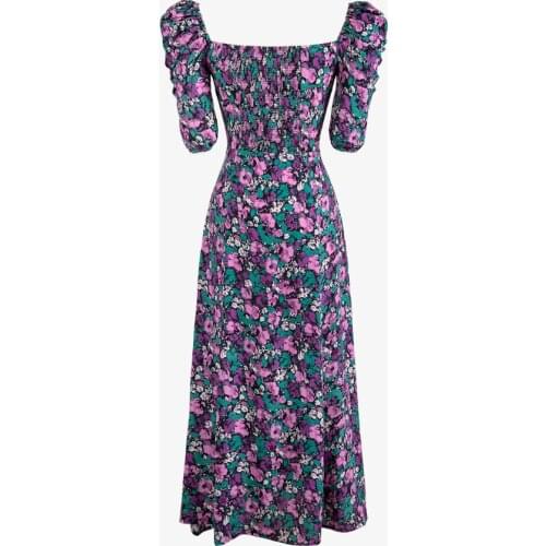 Plus size 4XL! summer vintage puff sleeve printed floral dress women square collar high waist slim split dress