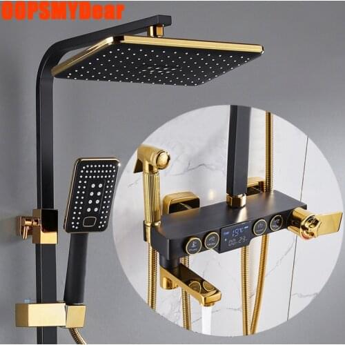 Digital Shower System Bathroom Smart Thermostatic Shower Set Wall Mount 10 Inch Square Head Bath Faucet SPA Rainfall Black Grifo