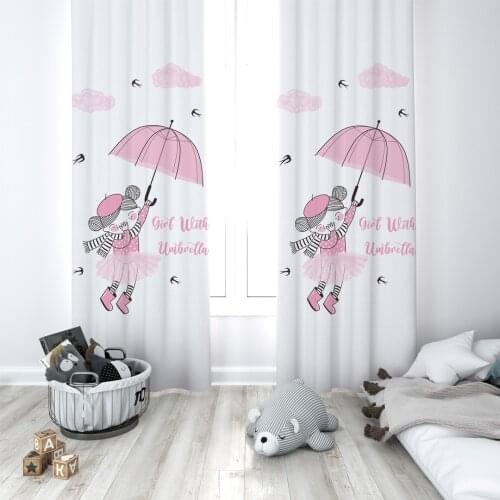 Curtains Children 3D Printed Decorative Items Home Childrens Room Girl with Pink Umbrella Model 092