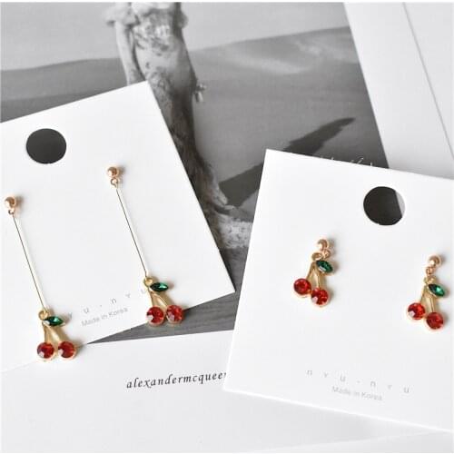 Em015 Sweet Cherry Long Earrings For Women Popular Rhinestone Drop Earrings Wholesale