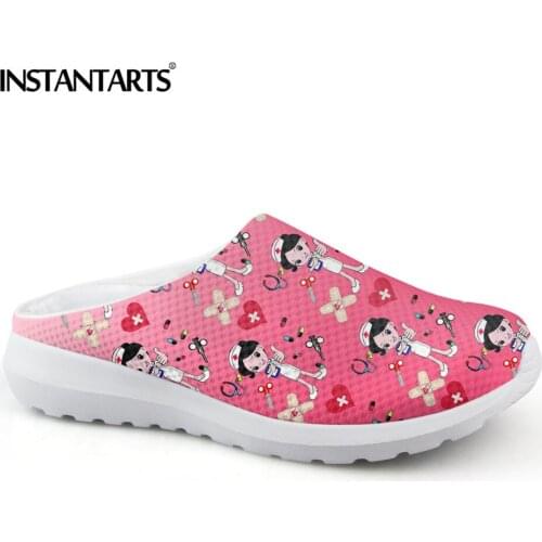 INSTANTARTS Summer Mesh Pink Nurse Slipper Flat Shoes Woman Gradient Physician Medicine Print Breathable Light Sandals for Girls