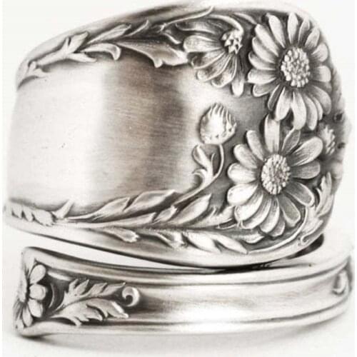 Fashion Silver Swirl Motif Spoon Style Adjustable Ring Thumb Band Flower Open Ring