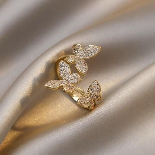 Korean hot fashion jewelry, exquisite copper inlaid zircon three butterfly rings, elegant womens prom opening adjustable ring