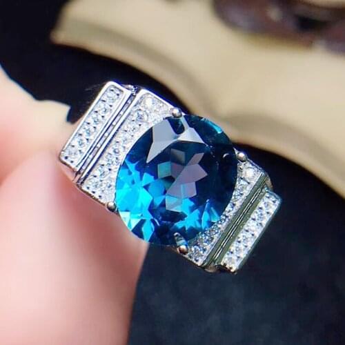Per jewelry Men ring Natural real blue topaz oval style rings Free shipping 9*11mm 4.5ct gemstone 925 sterling silver Q2042937