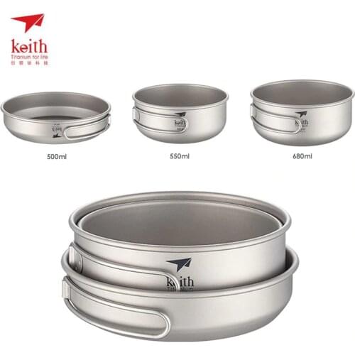 Keith 3PCS Titanium Cookware Pans Bowls Set With Folding Handle Cook Sets Outdoor Traving Hunting Camping Cooking Set Ti6053