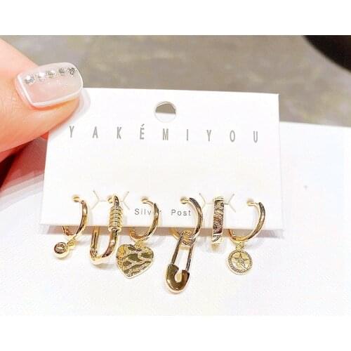 Trendy Mix Design Metal Pin Star Heart Hanging Earrings Set Gold Color Plated Fashion Women Earrings Jewelry