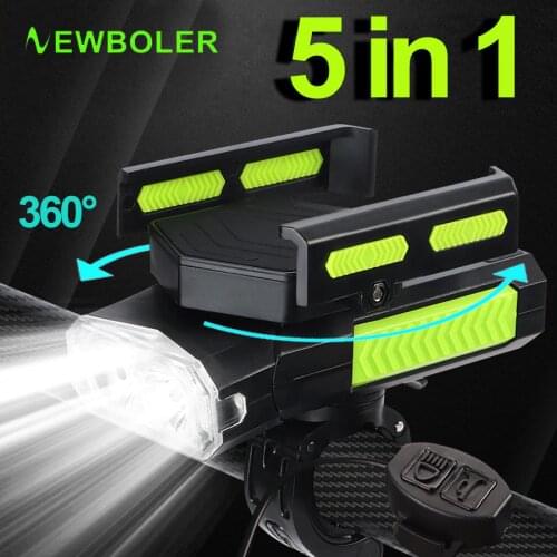 NEWBOLER 4000mAh Bicycle Light 5 in 1 Horn Phone Holder Cycling Flashlight Bike Front Light MTB Bike Accessories as Power Bank