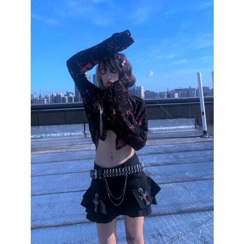 New Summer Gothic Harajuku Rock Black Water Drill Cross Jeans Skirts Fashion Streetwear Hot Girl Punk High Waist Mini Skirt