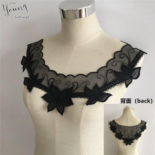 New style Black Organza Fabric Flower Lace collar Sewing Applique Lace Neckline Embroidery DIY Dress Accessories A pair for sale