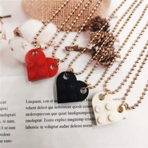 2Pcs Couples Necklace Fashion Building Brick Heart Pendant Necklaces for Women Silver Color Beads Chain Lego Elements Necklace