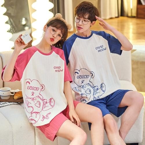 Kawaii Green Little Dinosaur Couple Pajamas Set Loose Cotton Nightwear Summer Mujer Casual Home Suit Sweet Sleepwear For Women