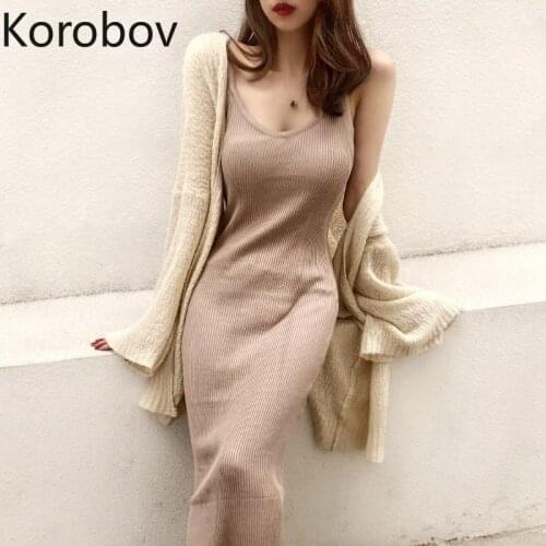 Korobov 2020 New Arrival Basics Women Knit Dress Autumn Winter Chic Slim Bandage Dresses Korean Office Lady Elegant Midi Dress