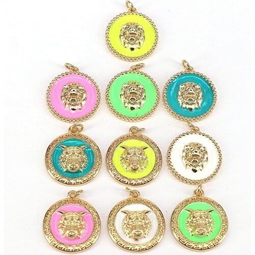 10Pcs,Enamel Colorful Tiger On Coin Shape Pendant, Fashion Enamel pendant,gold plated Jewelry
