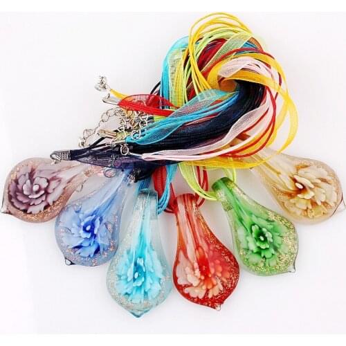 QianBei Fashion Beauty 6pcs handmade Murano Lampwork Glass Mixed Color Flower Inside Pendants Charms Necklaces necl0084