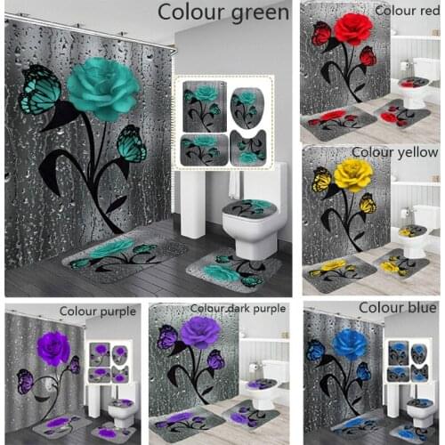 Rose Butterfly Shower Curtain Sets with Rugs Blooming Flowers Bathroom Decor Bath Rug and Mats Sets with Hooks toilet seat cover