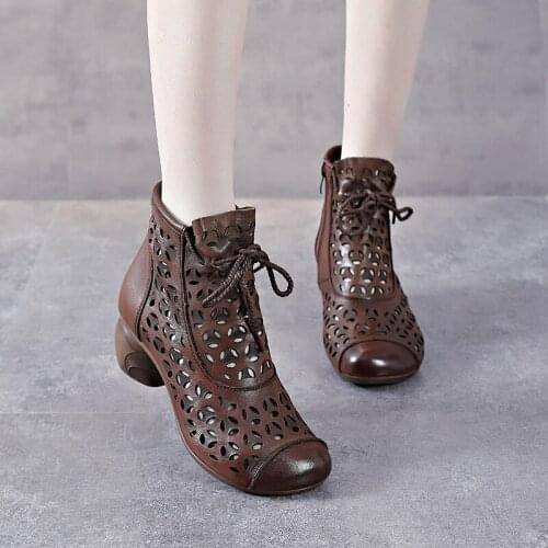 Retro Thick Heel Sandals Women Short Boots First Layer Cowhide Leather Womens Shoes Hollow Boots Thin Sandals