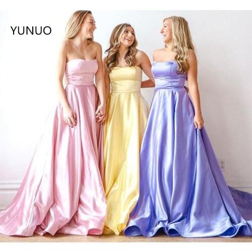 YUNUO Sexy Prom Dresses 2021 Long Girl Satin Strapless Party Dress Formal Lace Up Back Pockets Evening Dress Robe De Soiree