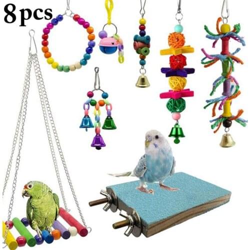 Dorakitten 8Pcs/Set Funny Parrot Toys Assorted Bird Chew Toy Parrot Cage Toys Bird Bell Swing Decor Hanging Toys Pet Supplies