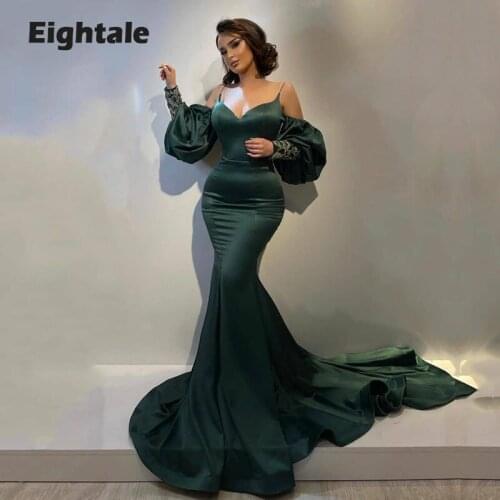 Eightale Dark Green African Evening Dresses Spahetti Strap Beaded Satin Mermaid Prom Gown Long Sleeves Arabic Party Dress 2021