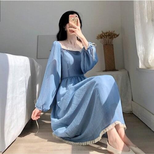 Vintage French Long Dress Women Solid Blue Square Collar Autumn A-Line Dresses Long Sleeve Maxi Dress Lady Robe Vestidos Clothes