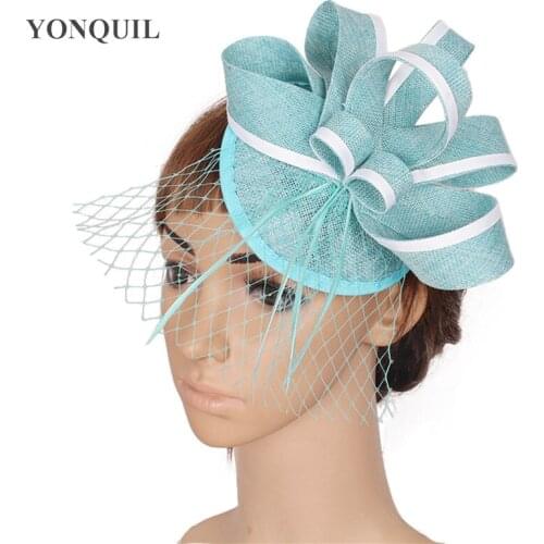 Turquoise Fascinator With Feather Imitation Sinamay Fascinators Hats Bridal Hair Accessories With Veil High Quality