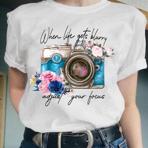 Women Camera New Style Flower 90s Beach Lovely Graphic Fashion Female Clothes Tops Cartoon Lady Tees Tshirt Print T-Shirt