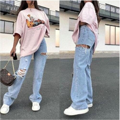 Woman Jeans High Waist Ripped Jeans Clothes Wide Leg Denim Hole Blue Streetwear Fashion Vintage Cotton Denim loose Pants