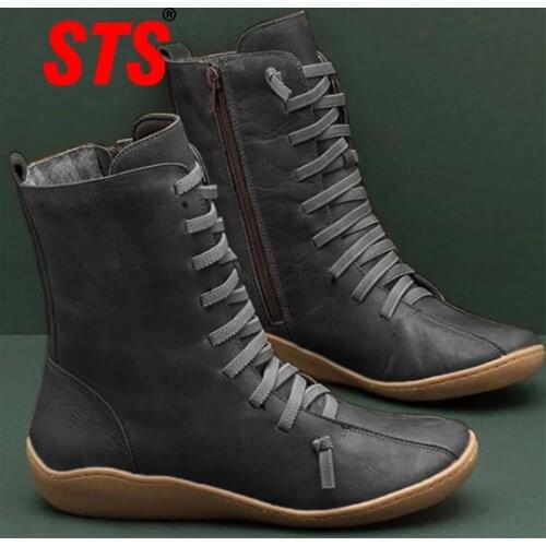 STS Women Leather Boots Autumn Retro Martin Boots Female Flat Comfortable Zipper Lace Up Short Boots Womens Shoes Dropshipping