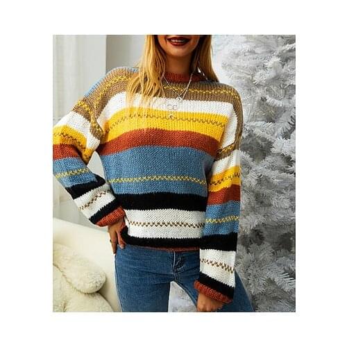 Autumn Winter Fashion New European And American Women Clothing Color Stripe Splicing Round Neck Long Sleeve Casual Lady Sweater