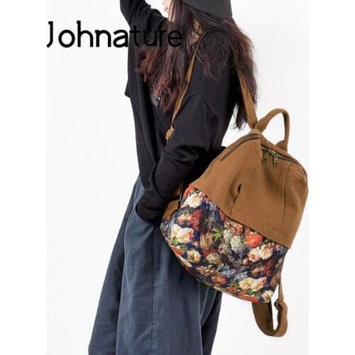 Johnature Leisure Stitching Women Backpack Retro Cotton Linen Canvas Bag 2021 New Large Capacity Floral Outdoor Travel Bags