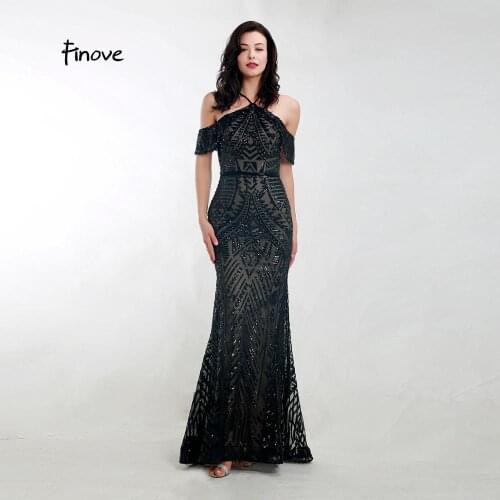Finove Formal Evening Dresses Long 2020 Black Sparkly Sequined Mermaid Dress Sexy Halter Backless Beaded In Women' Dresses