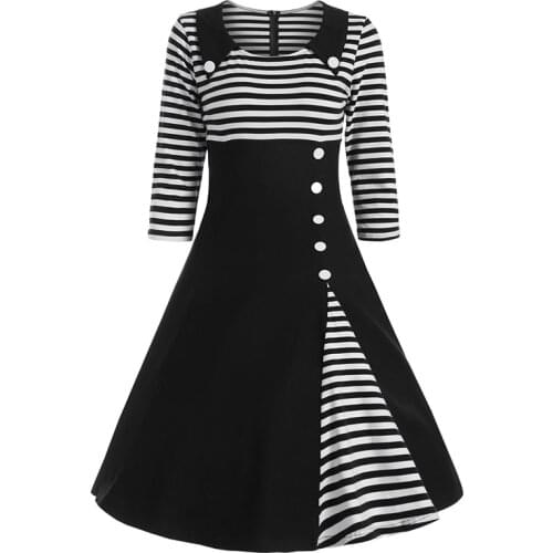 3XL 4XL Plus Size Women Pin Up Black White Striped Casual Dress 2020 3/4 Sleeve Button A Line Vestidos Retro 1950s Vintage Dress