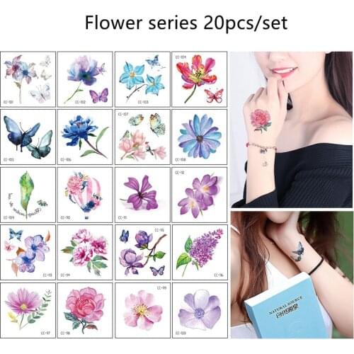 20Pcs/Set Beautyful Flower Design Body Art Water Transfer Waterproof Temporary Tattoo Stickers For Women Fake Tattoos