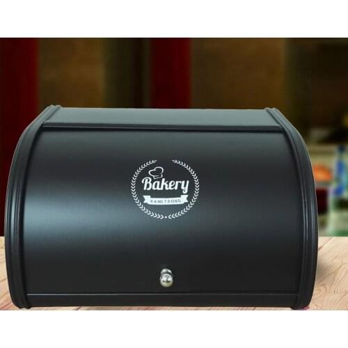 Black Metal Bread Box Kitchen Bread Bin Container Roll Top Lid Durable
