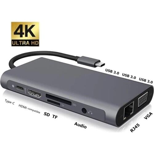 Type C Adapter USB C Hub Docking Station to USB 3.0 4K HDMI-compatible VGA RJ45 Converter for Macbook Pro Huawei Samsung 10 in 1