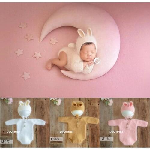 Dvotinst Newborn Photography Props Baby Soft Fur Knitted Rabbit Outfits Rompers Hat Bonnet Studio Accessories Shoots Photo Props