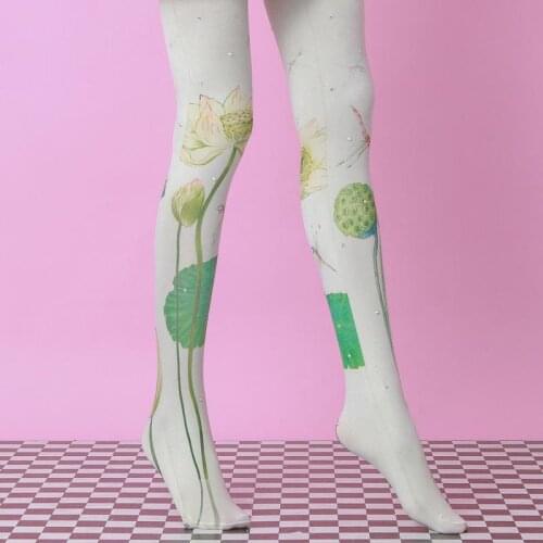 Lotus Dragonfly Color Rhinestone Printed Pantyhose