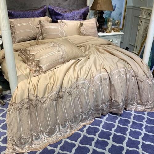 New Coffee luxury Embroidered 100S Egyptian cotton Royal Bedding sets Queen King Blue Lace Duvet Bed sheet set Pillowcases 4/6pc