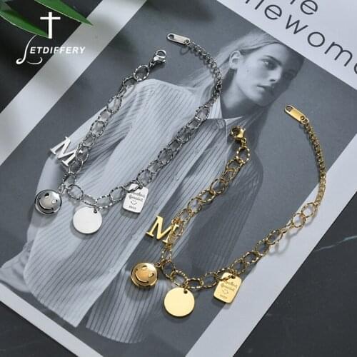 Letdiffery Vintage Smiley Face Charms Bracelets Stainless Steel M Letter Women Fashion Jewelry for Girl Femme