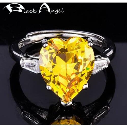 BLACK ANGEL Fashion Romantic Love Heart Shaped Luxury Citrine Gemstone Adjustable Ring for Women Wedding Jewelry Christmas Gift