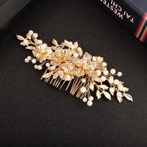 Fashion gold alloy comb new bride headdress leaf hairpin pearl hair comb inlay drill hoop Hair Jewelry