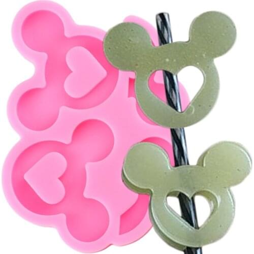 Cartoon Mouse Head Straw Topper Silicone Mold DIY Heart Cupcake Fondant Cake Decorating Tools Cookie Candy Clay Chocolate Moulds