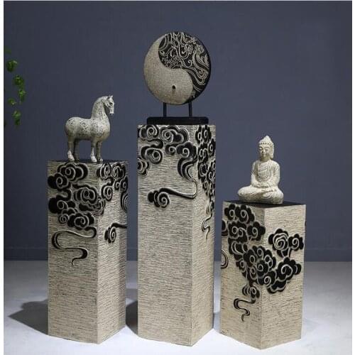 New Chinese Resin Floor Antique Stone Column Decoration Home Livingroom Horse Lion Figurines Crafts Exhibition Hall Ornaments