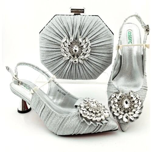 New Arrival Hot Selling Silver Color Crystal Style Italian design Wedding Women Shoes and Bag Set for Party